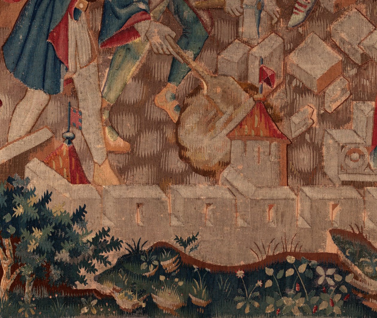 Historien om Saint Piat og Saint Eleuthère, Scene 5 Detalje til venstre nedenfor. Bymure og buske. af Unknown artist