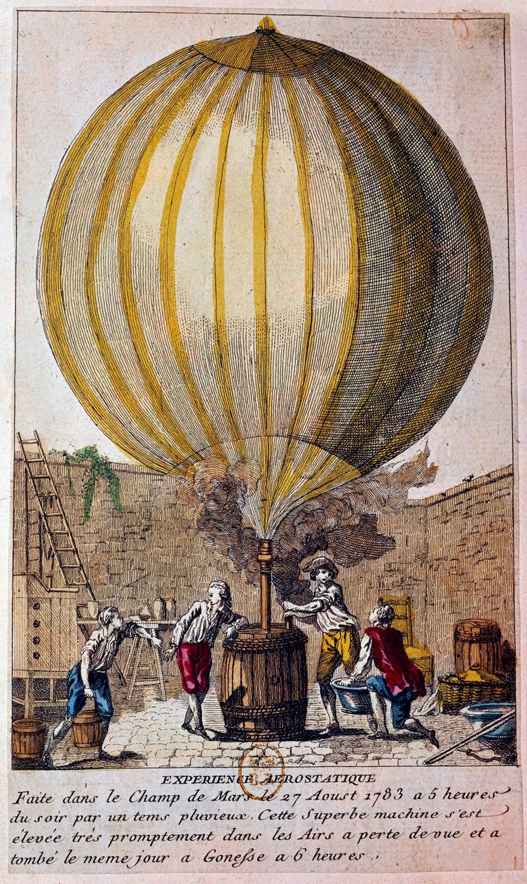 Ballonernes historie: aerostatisk oplevelse udført på Champ de Mars i Paris den 27/08/1783: ballonen er fyldt med hydrogengas af Jacques Charles (1746-1823). Indgravering af det 18. århundredes Paris, B.N. af Unknown artist