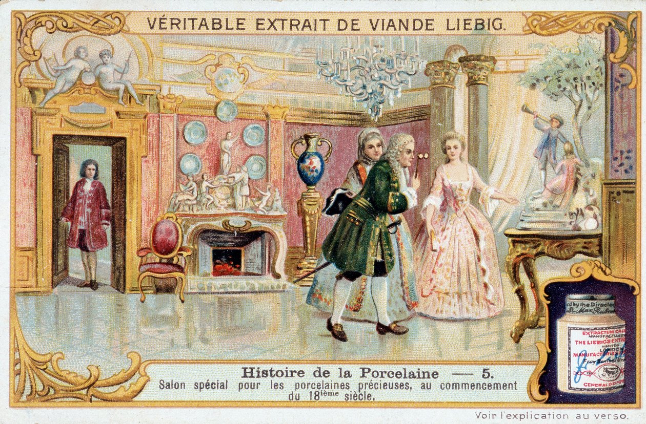 Porcelænets historie: speciel salon for ædle porcelæn, i begyndelsen af det 18. århundrede - Liebig Chromolithography af Unknown artist