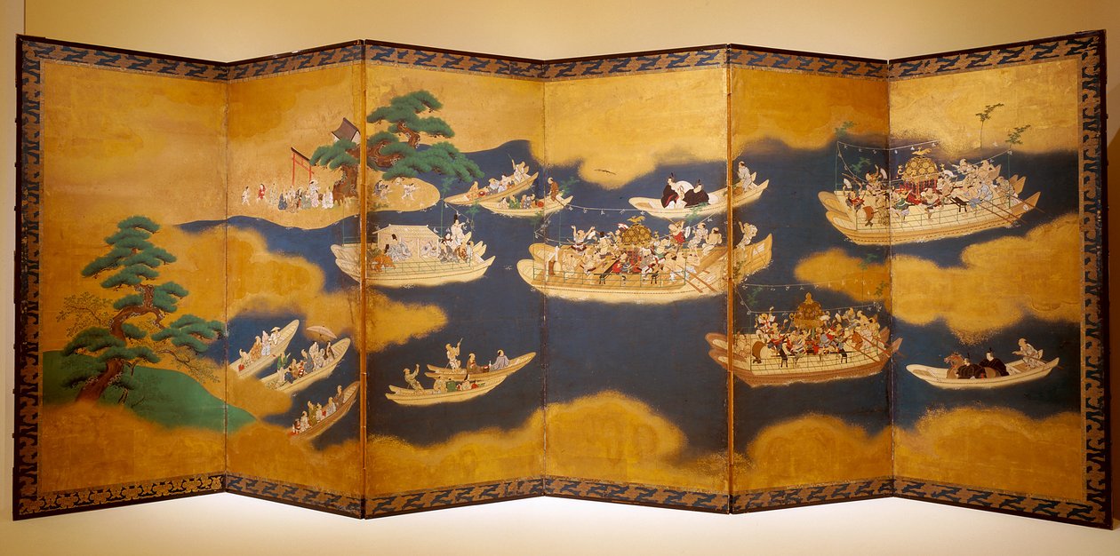 Hiyoshi-Sann? Festival (blæk, farve og bladguld på papir, skærm med seks paneler) af Unknown artist