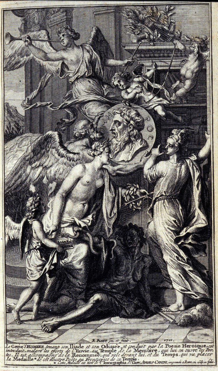 Homeres ånd, der holder sin Iliaden og sin Odyssee, og ledet af heroisk poesi, introduceres, trods Misundelsens anstrengelser, til erindringens tempel, som åbner sine døre. Han er ledsaget af Renommee, der flyver foran ham, og Tid, som vil placere af Unknown artist