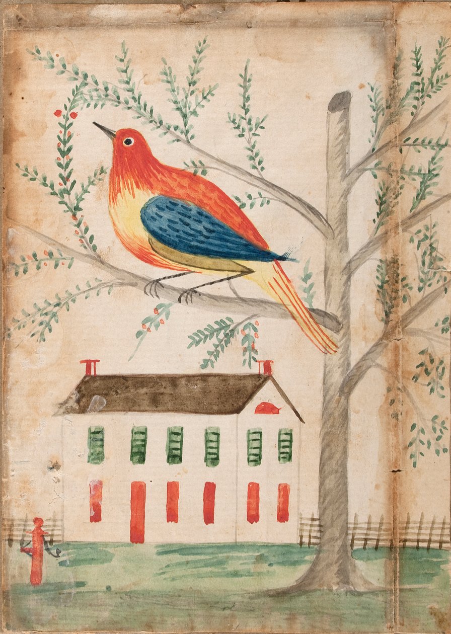 Hus og fugl på et træ af Unknown artist