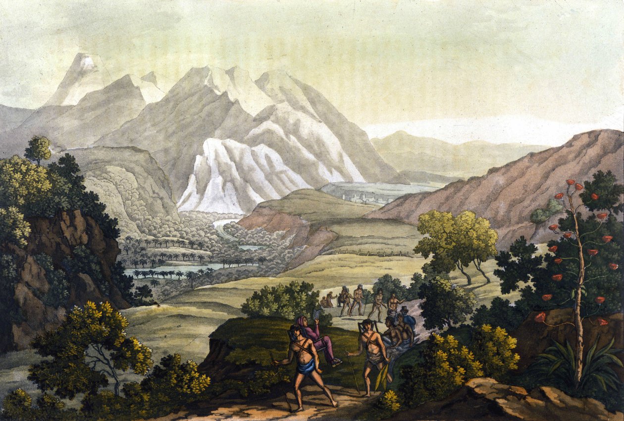 Humboldt og Bonpland krydser Quindiu-bjerget på bærestole. Fra turen til Andesbjergene af Alexander Von Humboldt (Alexandre de Humboldt af Unknown artist