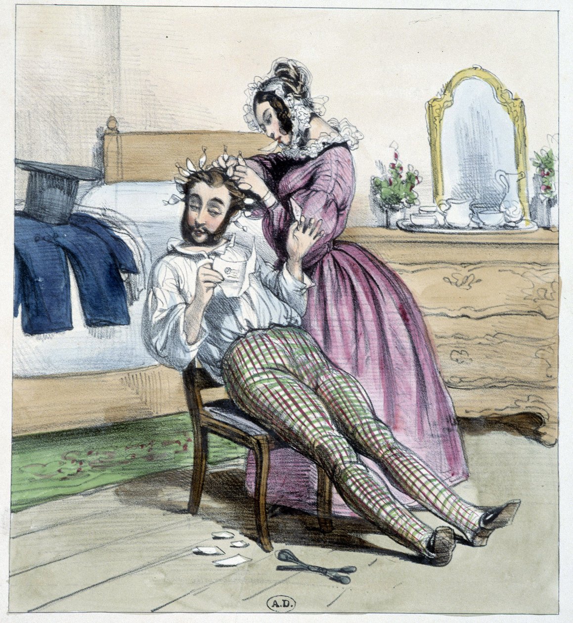 Humoristisk tegning på utroskab af en dandy, der bliver lavet med sin forlovedes brev - tegning af Unknown artist