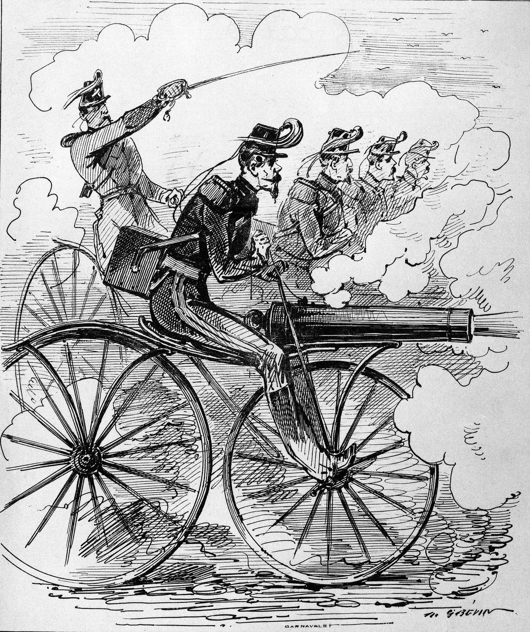 Humoristisk gravering: Velocipedomania anvendt på maskingeværer - 1800-tallet. af Unknown artist