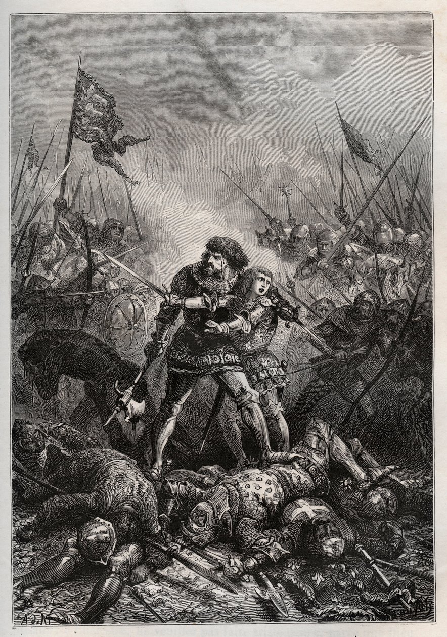 Hundredårskrig: Kongen af Frankrig Johannes II den Gode og hans søn Filip II af Bourgogne (1342-1404), kendt som "Philippe le Hardi", kæmpede mod englænderne i slaget ved Poitiers den 19/09/1356) (Kong. af Frankrig Johannes II af Frankrig (1319-1364) og ha af Unknown artist