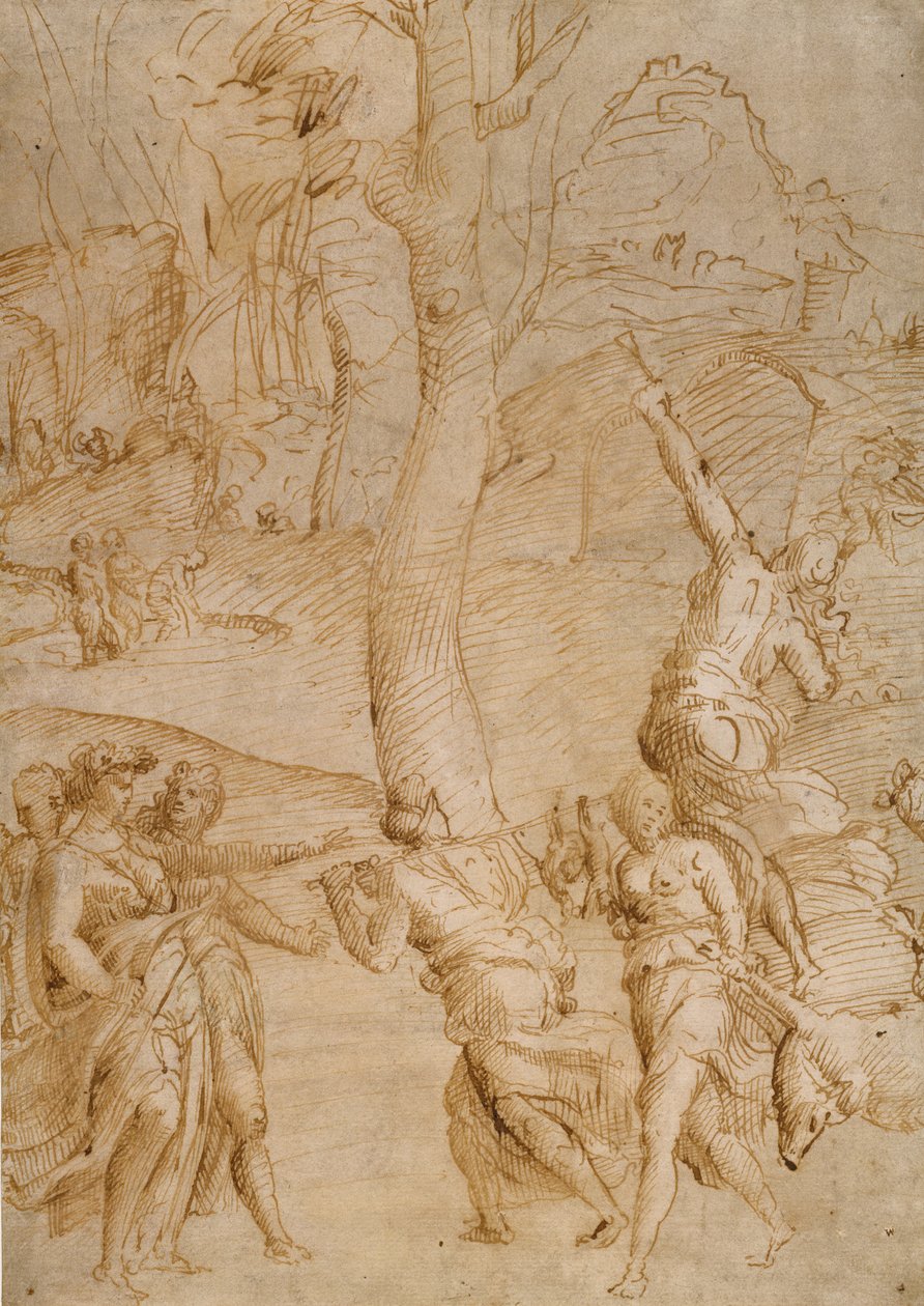 Jagtscene (recto); to studier af et par liggende flodguder (), en sarkofagfront () verso af Unknown artist