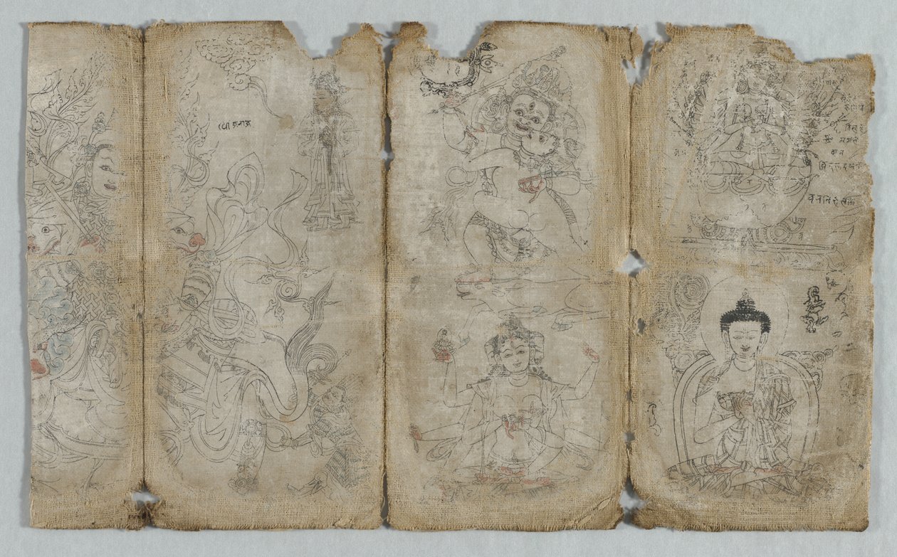 Ikonografiske dervinger: Vaishravana, Yama, Usnishavijaya, Chunanda (?) og Buddha (rigtig) af Unknown artist