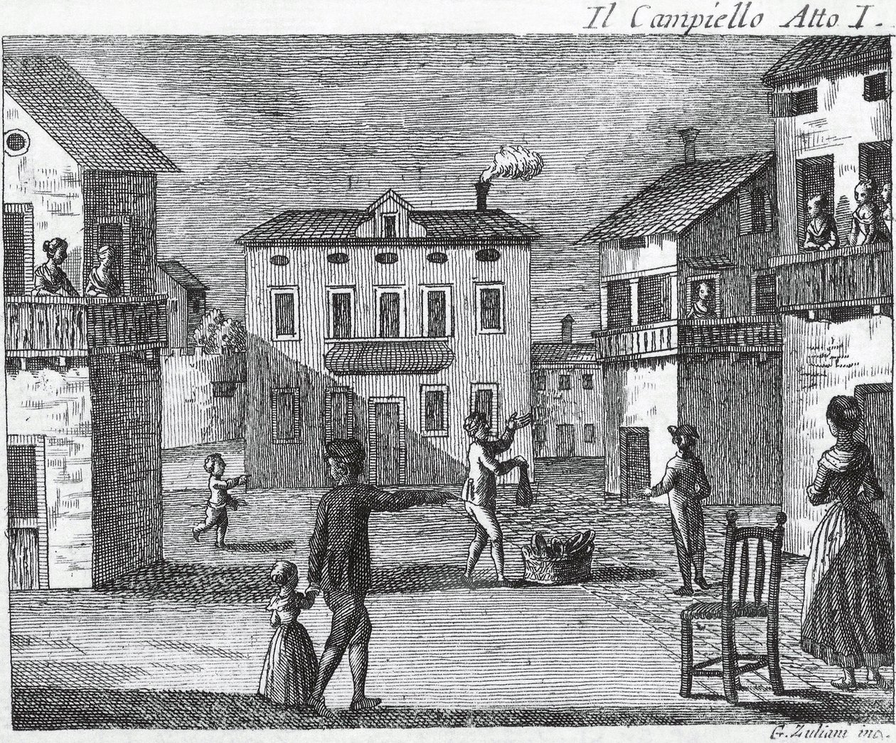 Il Campiello Act I - Carlo Goldoni (1707-1793) - Indgravering af det 18. århundrede af Unknown artist