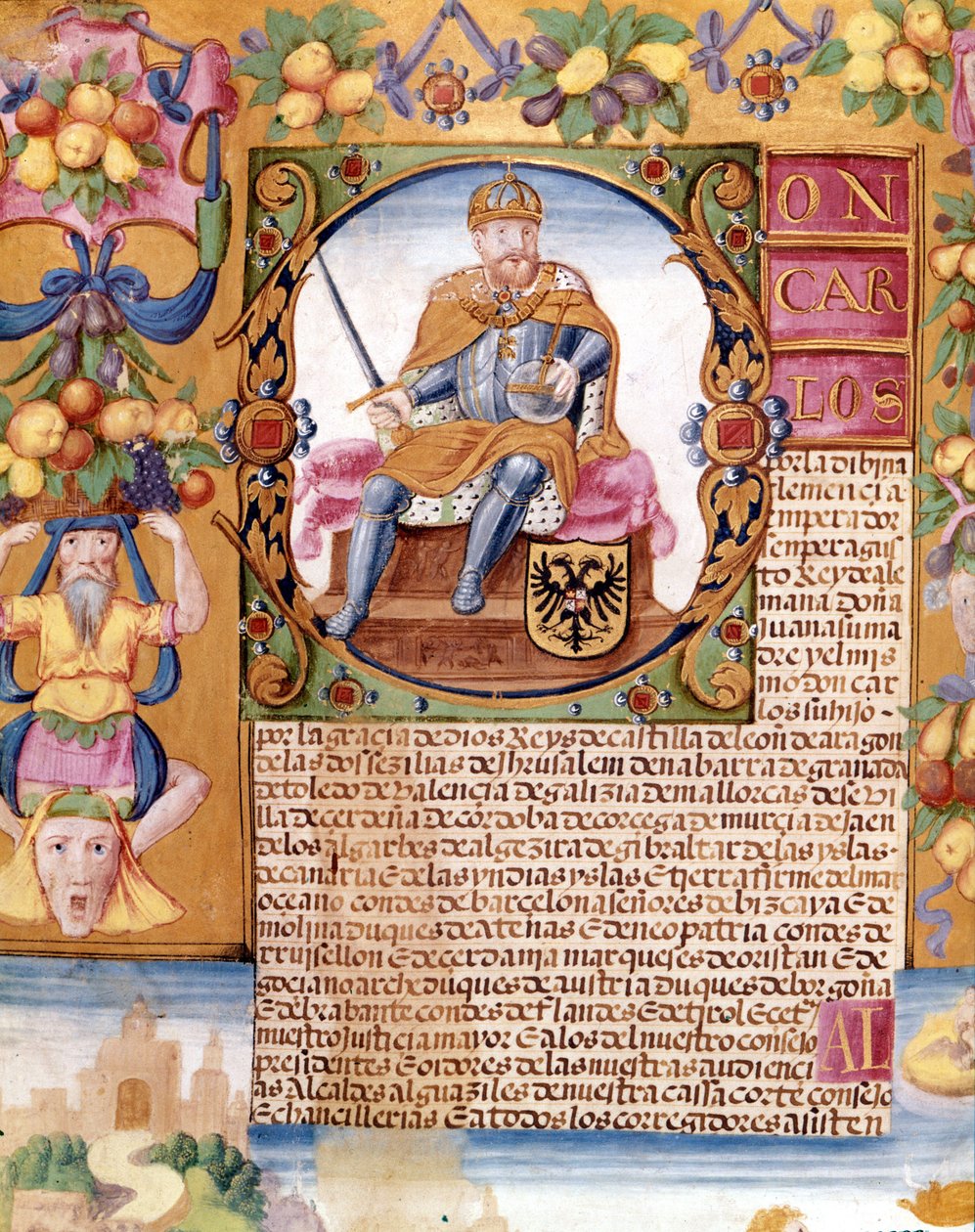 Oplyst portræt af kejser Karl V (1500 - 1558). Detalje af en "" executoria"" af Unknown artist