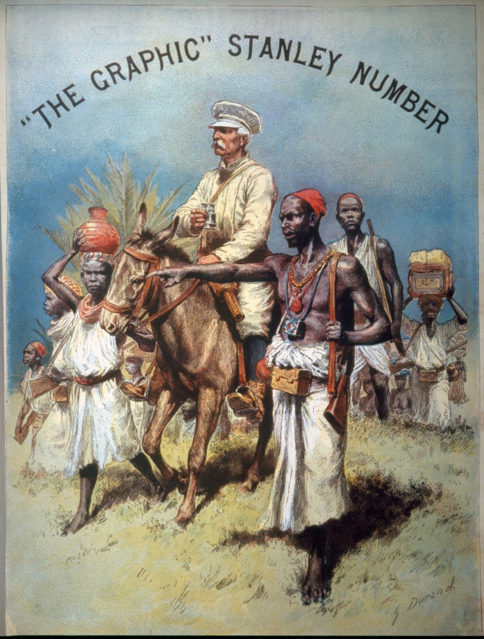 Illustration af opdagelsesrejsende og journalist Henry Morton Stanley (1841-1904) under en af hans ekspeditioner. Kromolitografi. af Unknown artist