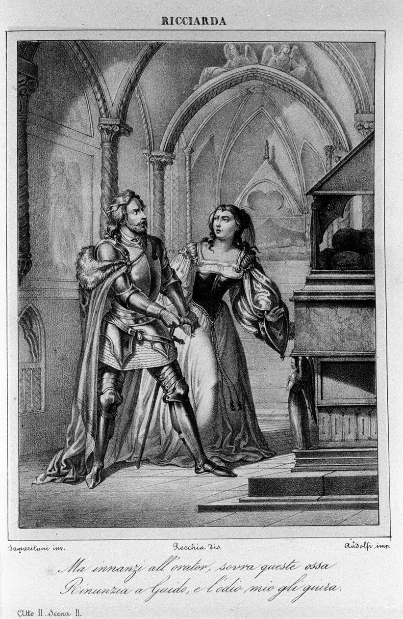 Illustration til scene 2 i 2. akt af "Ricciarda"" af den italienske digter og dramatiker Ugo Foscolo (1778-1827) 1800-tallet af Unknown artist