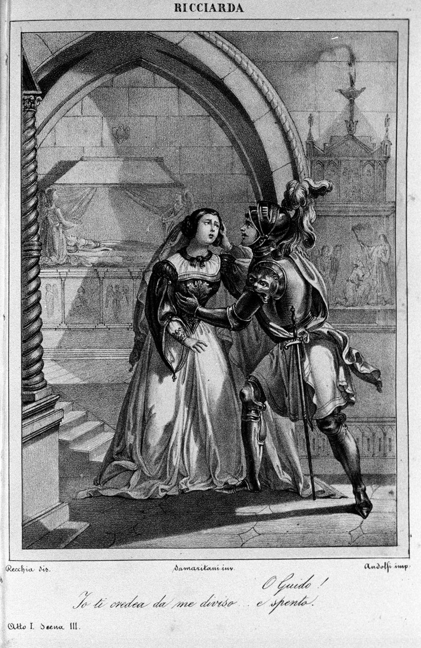 Illustration til scene 3 i 1. akt af "Ricciarda"" af den italienske digter og dramatiker Ugo Foscolo (1778-1827) 19. århundrede af Unknown artist
