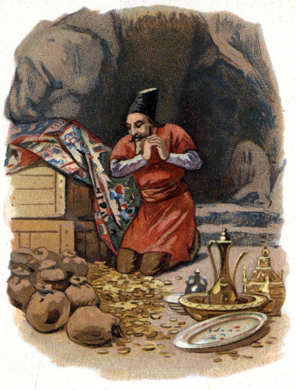 Illustration til fortællingerne om de tusinde og en nat. Ali Baba (Ali-Baba) går ind i klippen og siger: Sesam åbner dig og ser guldtønder. Kromolitografi omkring 1890. af Unknown artist