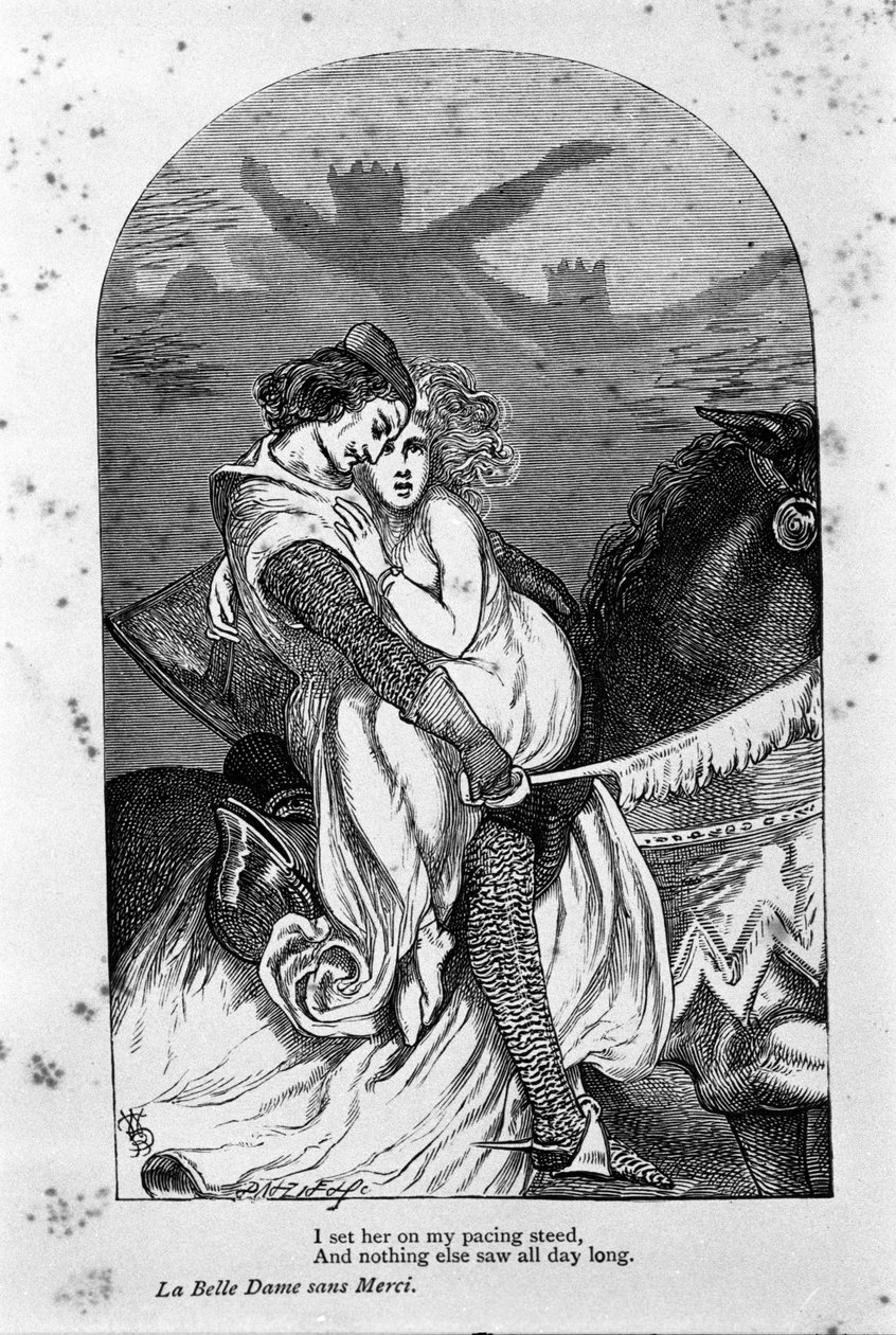 Illustration til "den smukke dame uden nåde" af digteren John Keats (1795-1821) 1800-tallet af Unknown artist