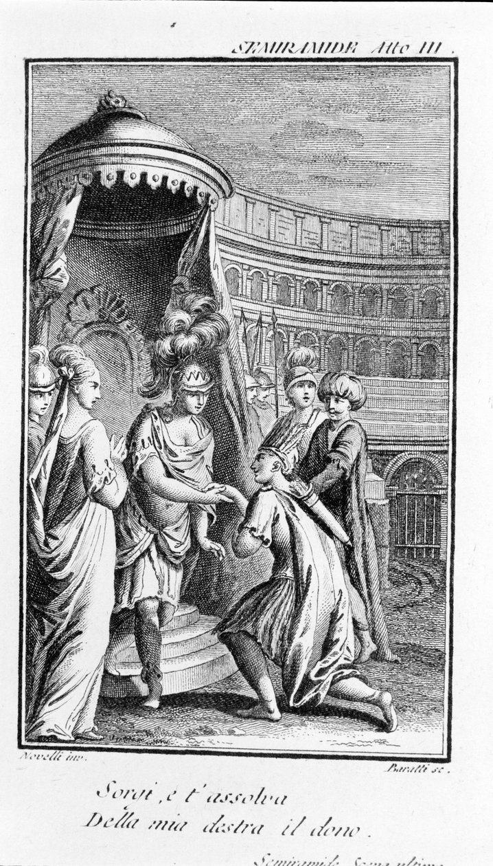 Illustration af Sémiramis, opera af Antonio Salieri (1750 - 1825). Hæfte af Pierre Metastase (eller Pietro Metastasio). Akt III, sidste scene. af Unknown artist