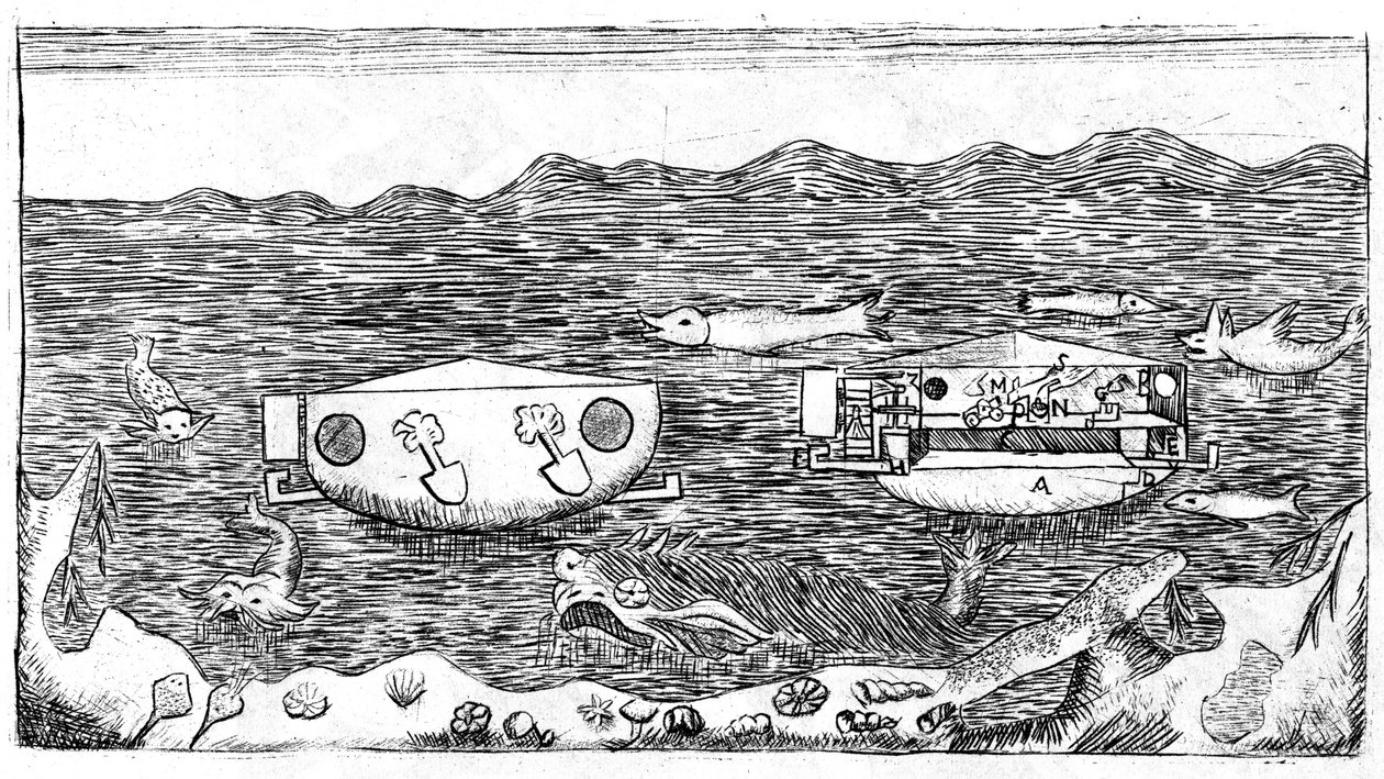 Illustration af slutningen af ​​det 18. århundrede om hvordan man navigerer under vand i "" Ny afhandling om den sande opretning af cirklen målt nøjagtigt med diameteren, nyttig til trigonometri ... Med en afhandling om hvordan man navigerer under vandet,  af Unknown artist