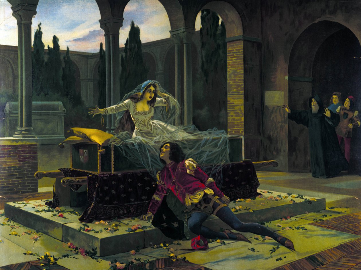 Illustration af den sidste scene i balletten "Romeo og Julie" af Piotr eller Petr Ilyich Tchaikovsky (eller Tchaikovsky eller Ciajkovskij eller Tchaikovsky af Unknown artist