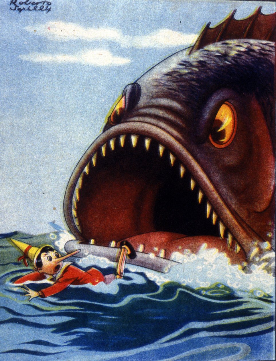 Illustration af fortællingen Pinocchio af Carlo Collodi. En kæmpe fisk er ved at spise Pinocchio. af Unknown artist