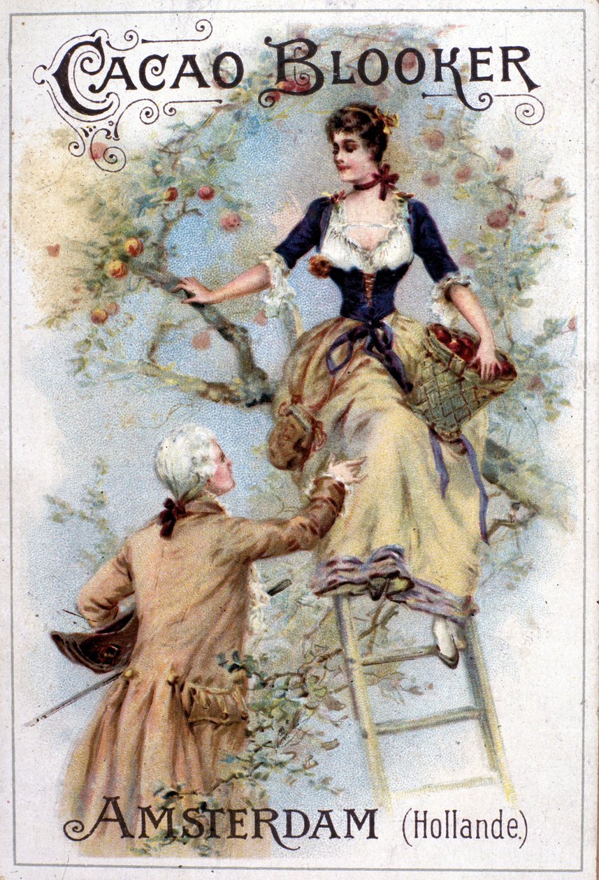Reklameillustration for Blooker Cocoa, der forestiller en ung mand på 1700-tals-manér, der hjælper en ung kvinde ned ad en stige. af Unknown artist
