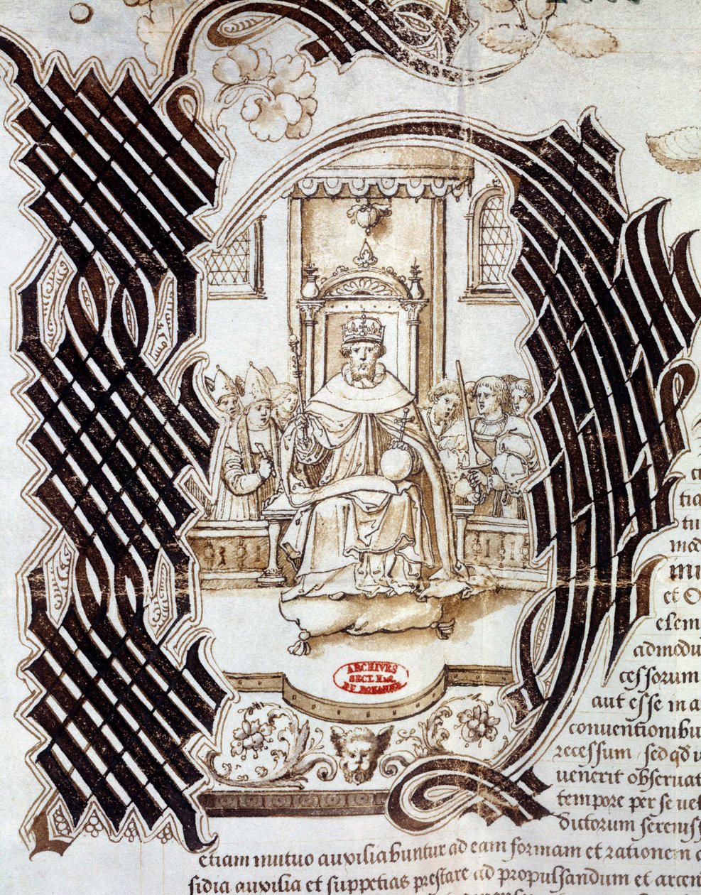 I 1522 underskrev Charles V med kong Henry VIII af England (1491-1547) Windsor-traktaten, der forudsagde en invasion af Frankrig Miniature ud fra et manuskript, der forestiller Henry VIII. 1532 Paris, Rigsarkivet af Unknown artist