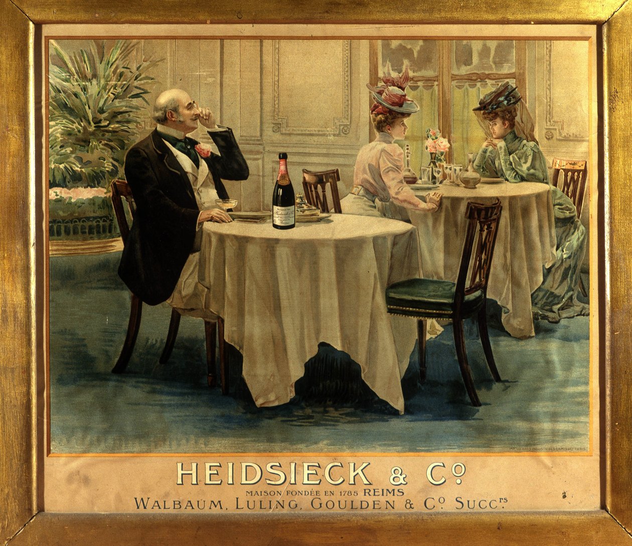 I en restaurant - Reklameplakat for Champagne Heidsieck, slutningen af det 19. århundrede af Unknown artist