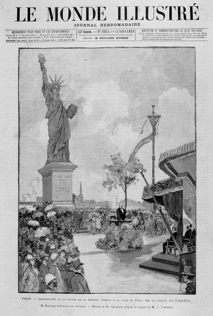 Indvielse af Frihedsgudinden i reduktion (replika), tilbudt byen Paris af USA - i "" The Illustrous World"" af 13/07/1889 af Unknown artist
