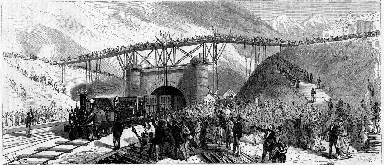Indvielse af tunnelen i Mont Cenis (Monte Cenisio) i 1871. Ankomst af toget inviterer til Bardonneche (Bardonecchia) af Unknown artist