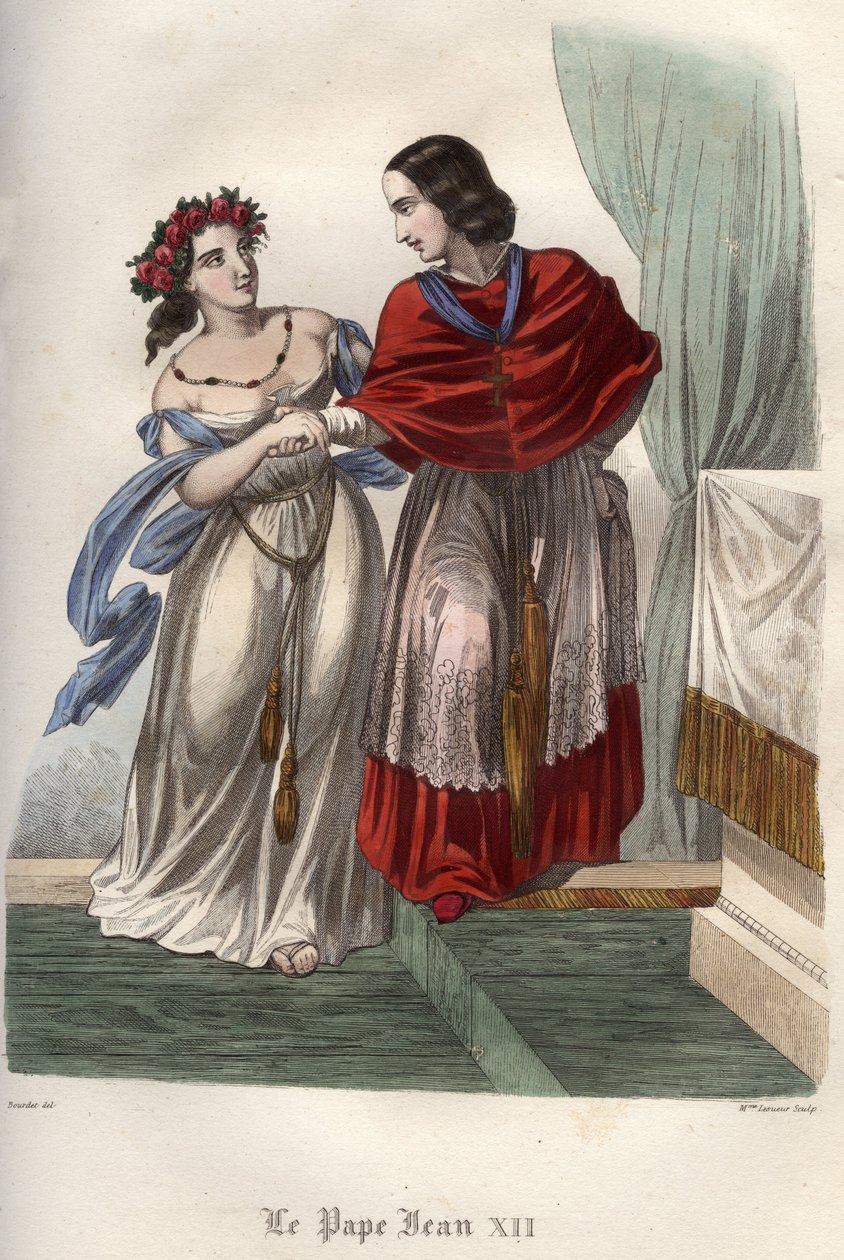 Incest: Pave Johannes XII (ca. 937-964) med sin bedstemor og påståede elskerinde, Marozia (Mariuccia, Mariozza) (ca. 890-c. 936). af Unknown artist