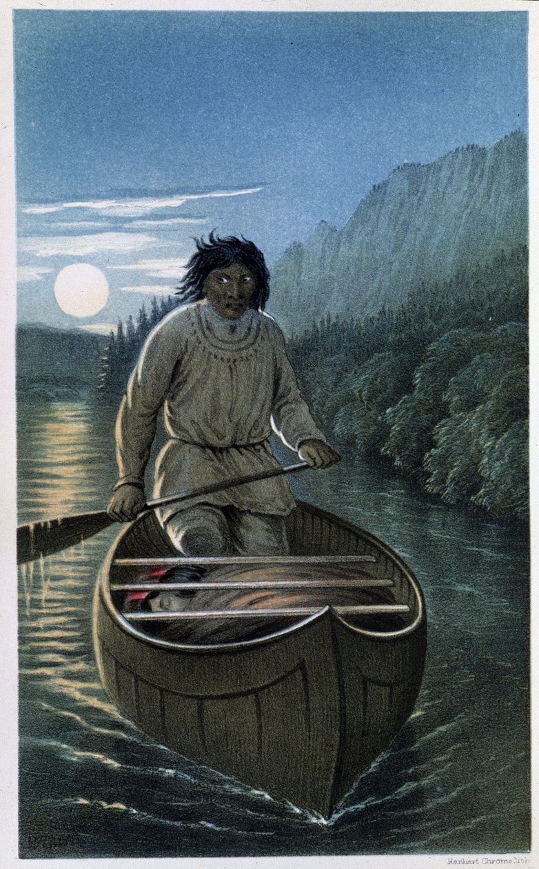 Indisk kanosejlads på en fuldmånenat - i "Exploration of the Labrador Peninsula", af Hind af Unknown artist