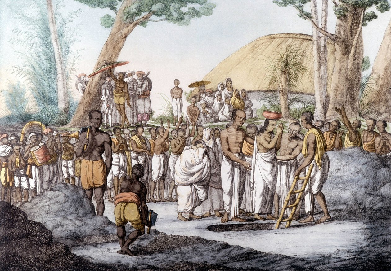 Indisk kultur og civilisation: Enke, der er begravet levende på sin mands grav, Indien af Unknown artist