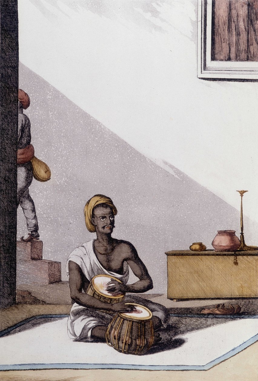 Indisk kultur og civilisation: musiker, der spiller tabla, traditionelt musikinstrument, Indien. Stik 1808. af Unknown artist