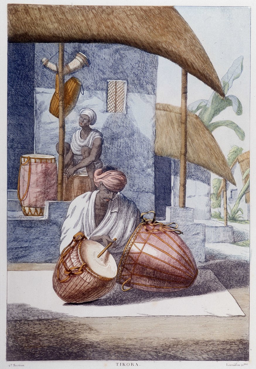 Indisk kultur, civilisation og samfund: musiker med traditionel indisk percussion (Tikora). Stik fra 1808. af Unknown artist