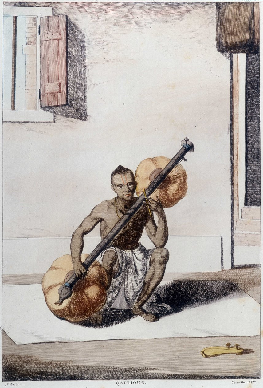 Indisk kultur, civilisation og samfund: musiker med traditionelt indisk strengeinstrument. Stik fra 1808. af Unknown artist