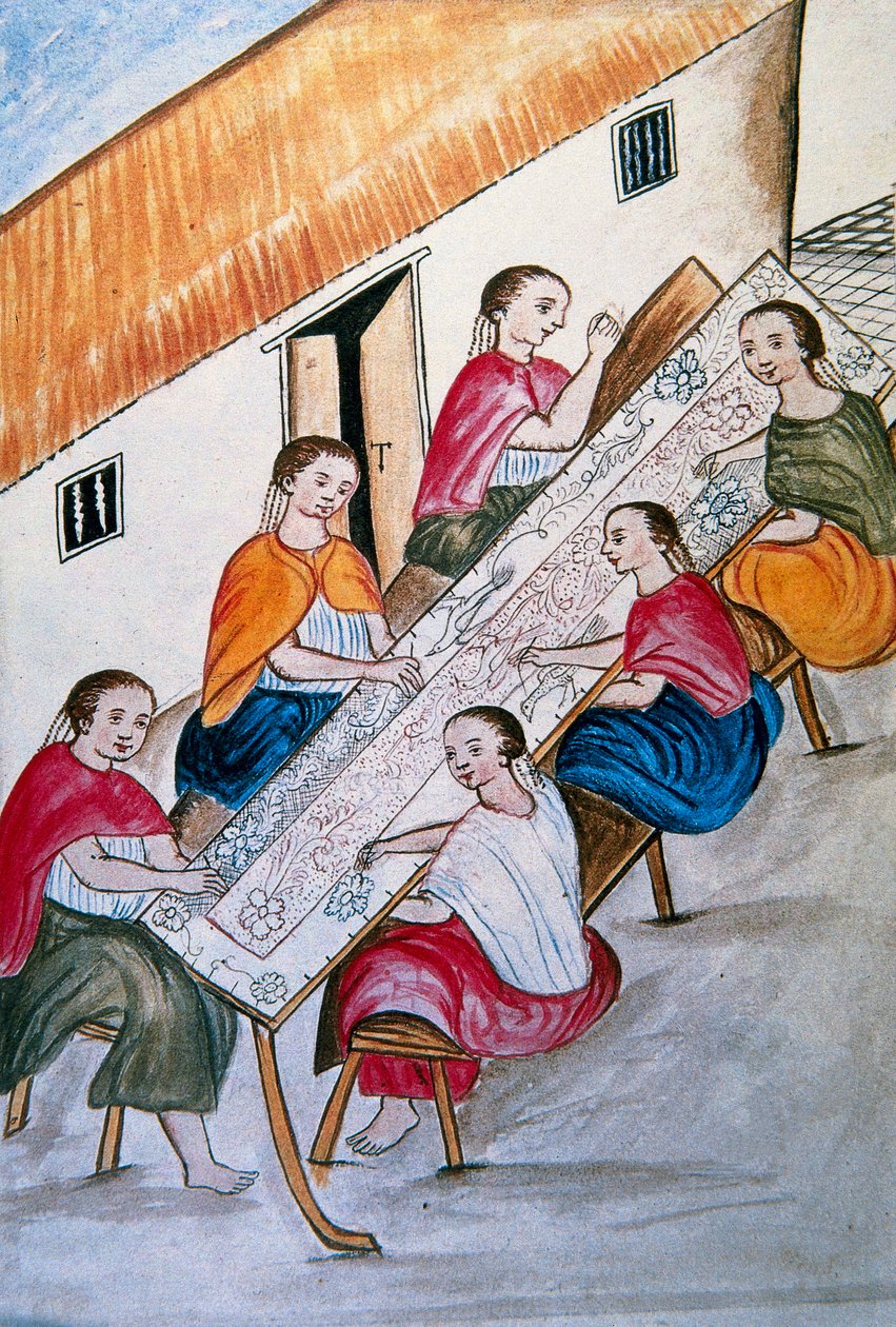 Indiske arbejdere, der syr, fra bogen "Trujillo of Peru" eller "Codex Martinez Companion", af Baltazar Martinez Companion og Bujanda, biskop af Trujillo (1782-1785) af Unknown artist