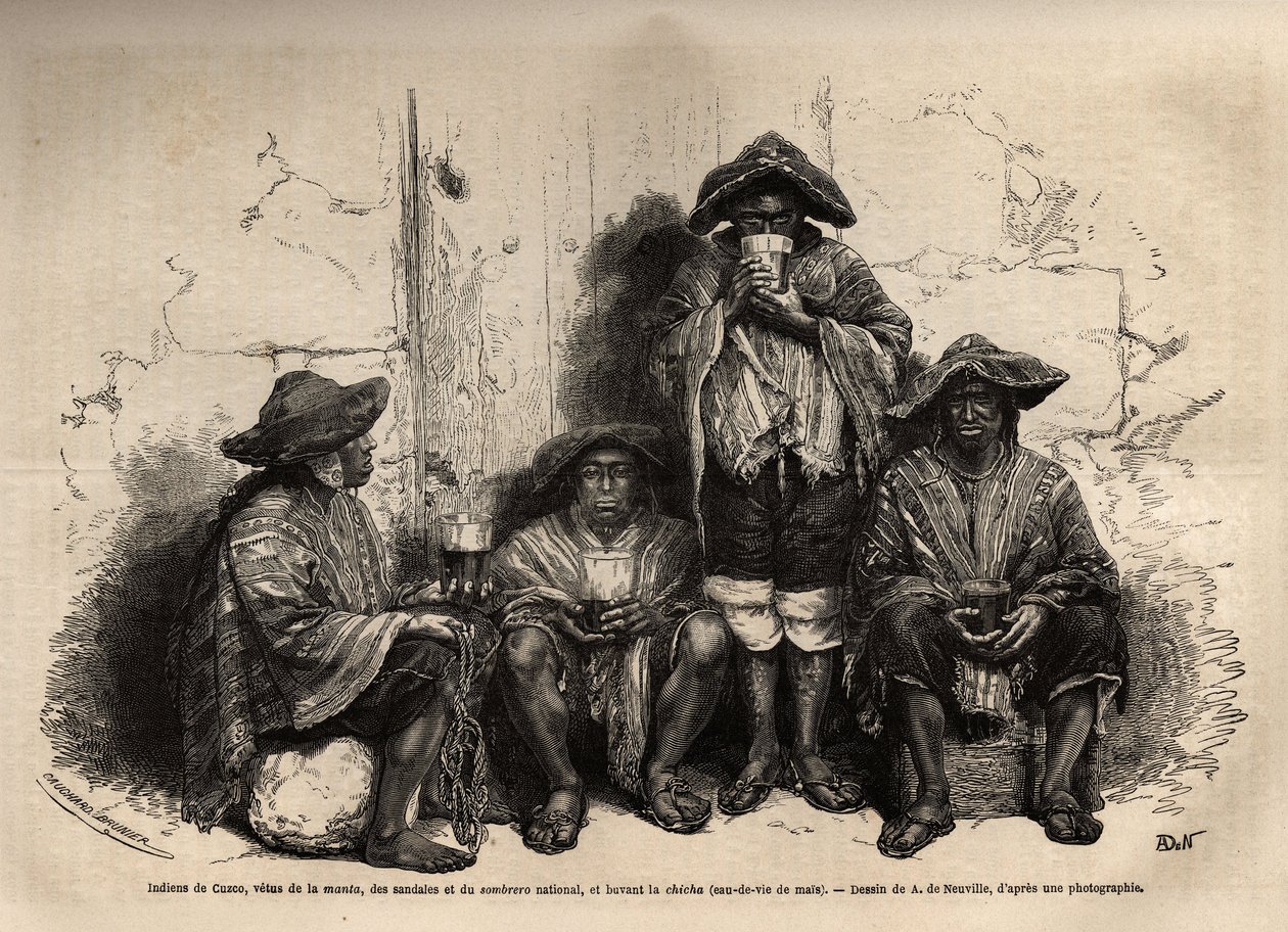 Indianere fra Cuzco (Peru), vetus fra mantaen, sandaler og traditionel sombrero, ansat som arbejdskraft til udnyttelse af guanoforekomster på Chincha-øerne, og drak shisha, men gæret brandy. Gravering til illustration af Les iles Chincha, rettet af L.Simo af Unknown artist