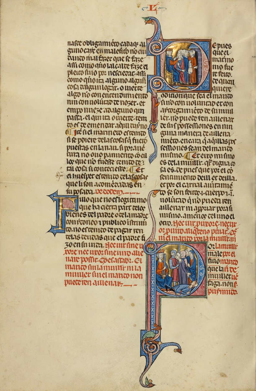Initial D: En kvinde anklager sin mand foran en dommer; Initial P: Et par ledet af soldater foran en konge af Unknown artist