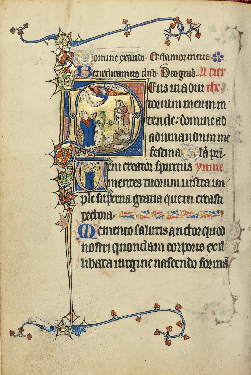 Initial D: Bebudelsen til hyrderne; Initial V: En mand i bøn af Unknown artist