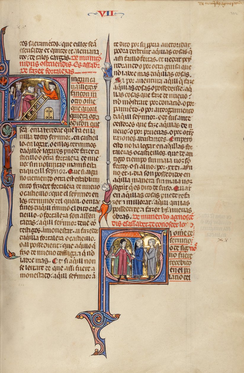 Initial N: To mænd bygger en fæstning; Initial S: To mænd møder en adelsmand, der bærer en høg af Unknown artist