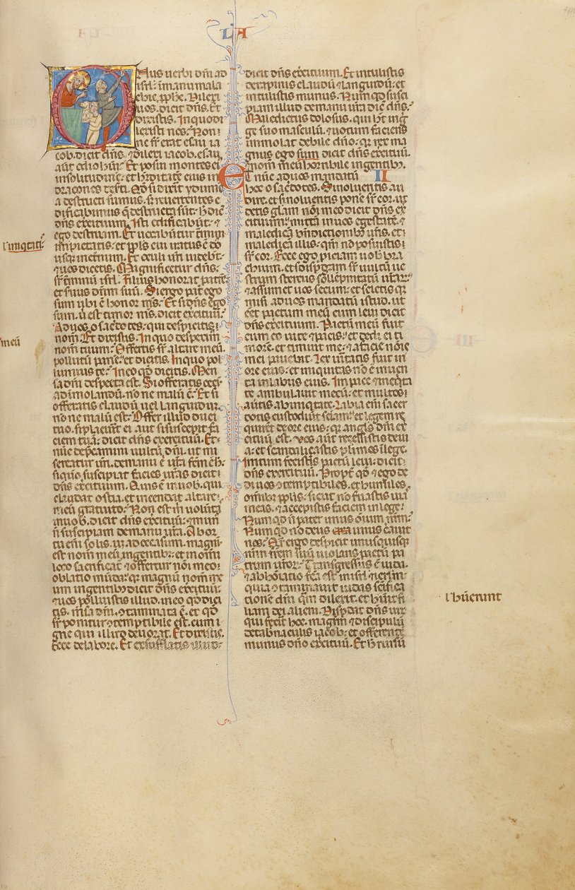 Initial O: Ofring af et lam og en mand, der spidser en jagtbue af Unknown artist