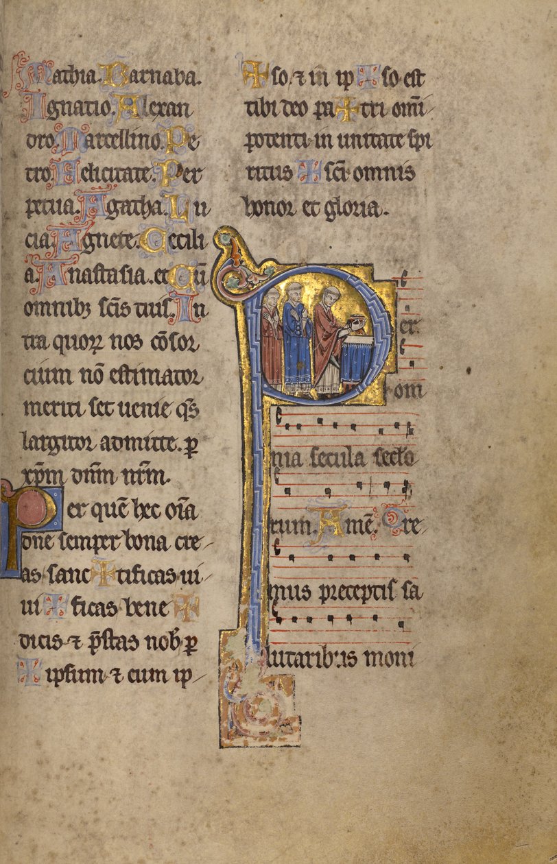 Initial P: En præst og to diakoner foran et alter af Unknown artist