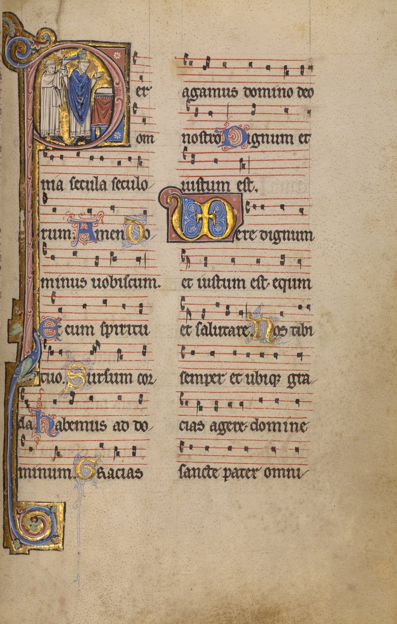 Initial P: En præst og en ministrant foran et alter af Unknown artist