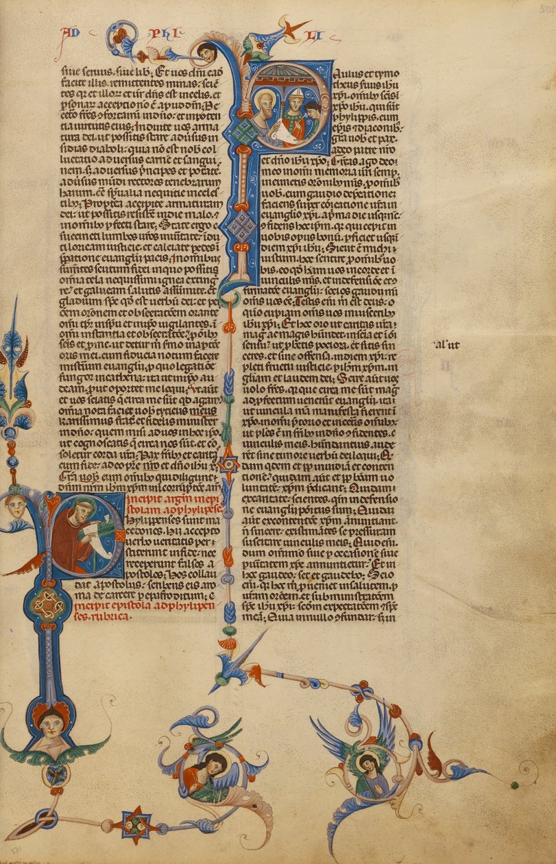 Initial P: Sankt Paulus; Initial P: En biskop giver et brev til en budbringer af Unknown artist