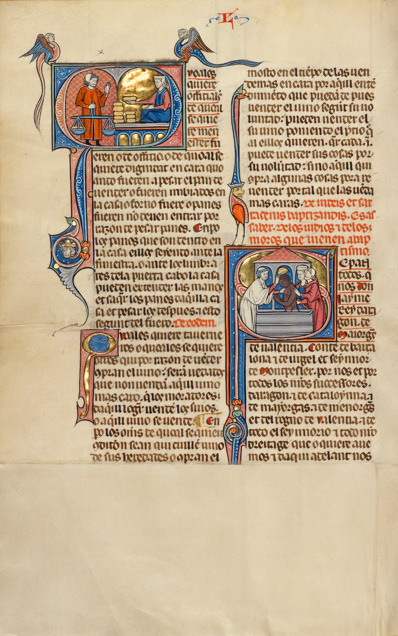 Initial Q: En kvinde med brød foran en mand, der holder en vægt; Initial S: En muslims dåb af Unknown artist