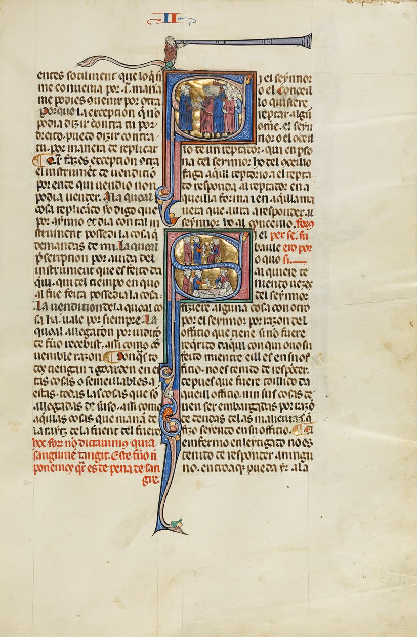 Initial S: En advokat står foran en gruppe mænd; Initial S: En advokat med klienter foran en dommer og En dommer, advokat og klienter ved en mands sygeseng af Unknown artist