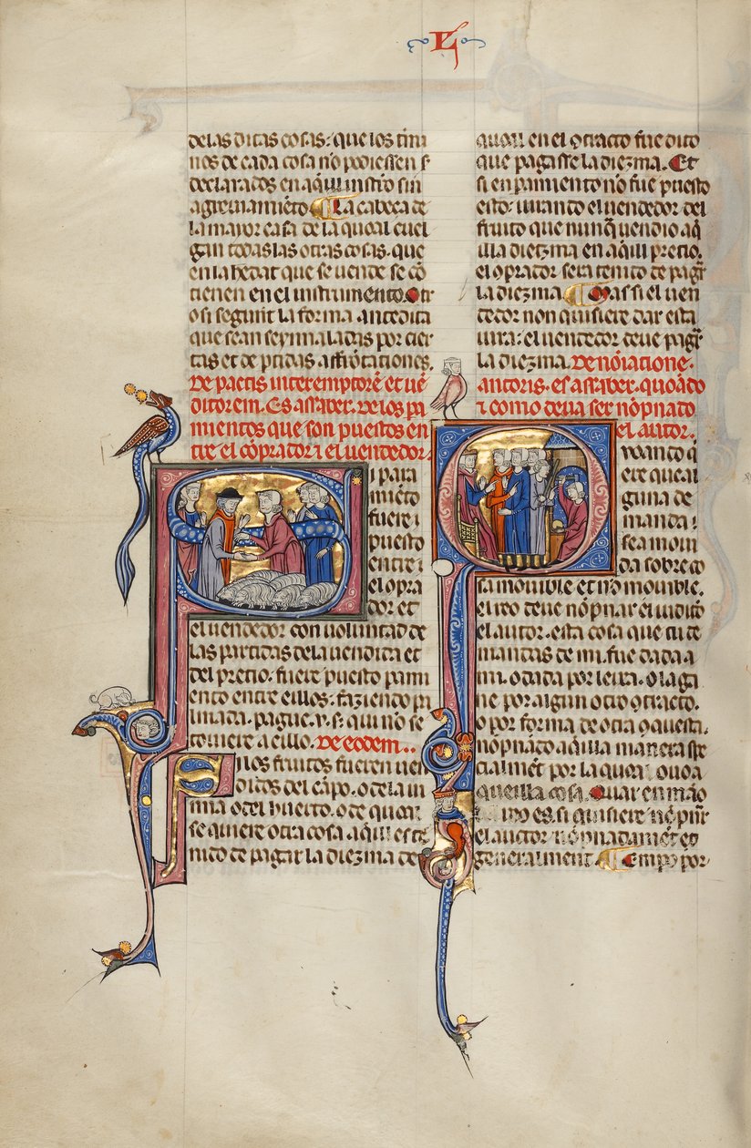 Initial S: To mænd giver hinanden hånden efter et salg af får; Initial Q: Tre mænd foran en dommer peger på en mand med en kølle og en mand, der arbejder ved en ambolt af Unknown artist
