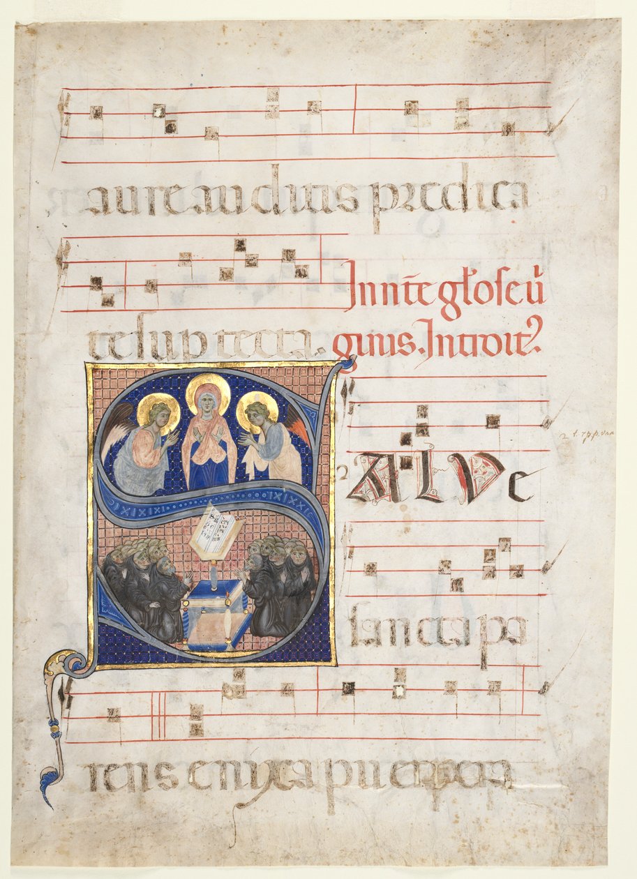 Initial Salve sancta parens] med Jomfruen tilbedt af engle og syngende benediktinermunke: Single Leaf from a Gradual af Unknown artist