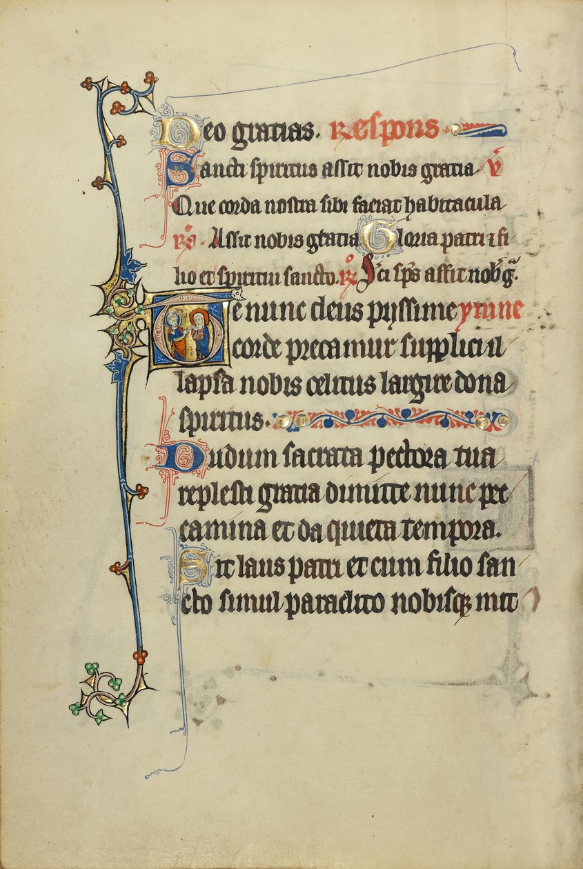 Initial T: En nimbed cleric og en kvindelig helgen af Unknown artist
