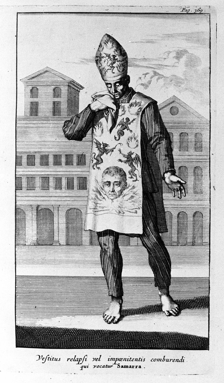 Inkvisition. Samarras klædedragt, som de angrende bar. Indgravering fra History of Inquisition, Amsterdam 1692. af Unknown artist