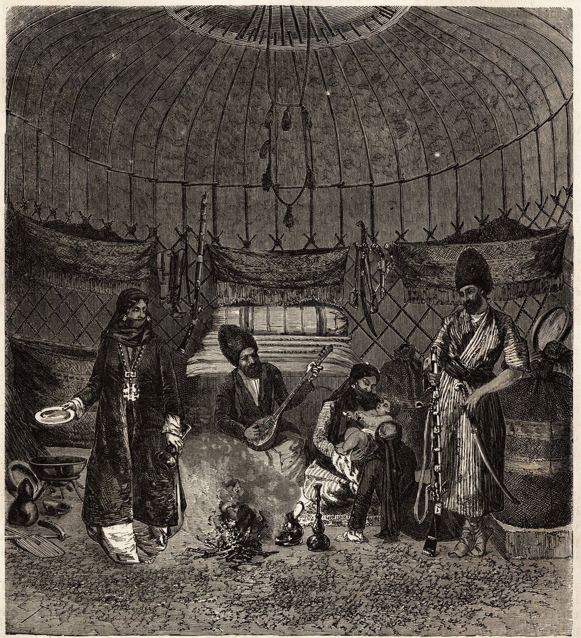 Inde i et tyrkisk telt (Turkmena, Irak), hjem til en familie, med en barhchi (musiker, historiefortæller) ledsaget af dutaren til at synge eller recitere poesi, er disse kunstnere meget fanget. Gravering for at illustrere historien om Henri de Blocqueville af Unknown artist